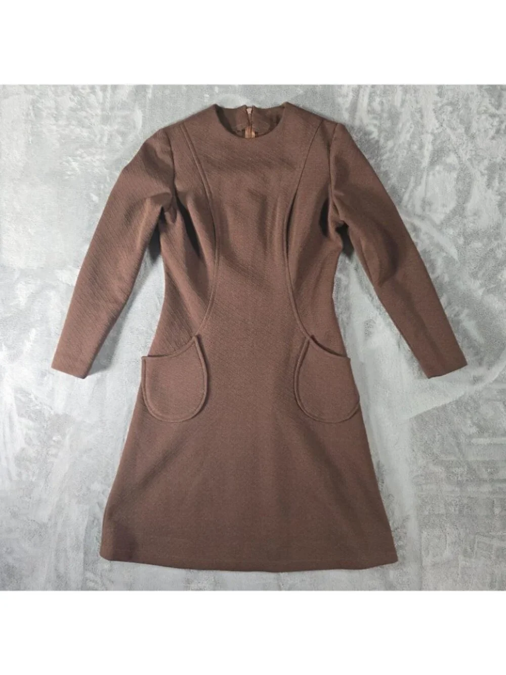 Vintage 1960s Chocolate Brown Textured Knit Knee Length A-Line Mod Dress (M)